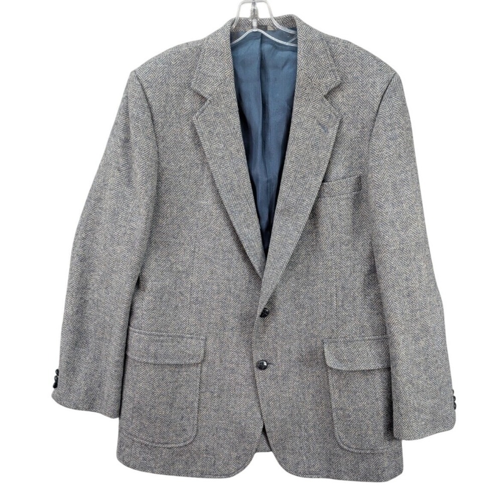 Vintage Haggar Tweed Blazer Jacket Size 44L Wool Gray Blue Herringbone Corpcore